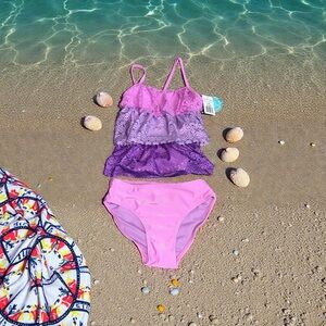 Kids Swim Ruffled Two-Piece Set - Pink and Purple (7/8) NEW